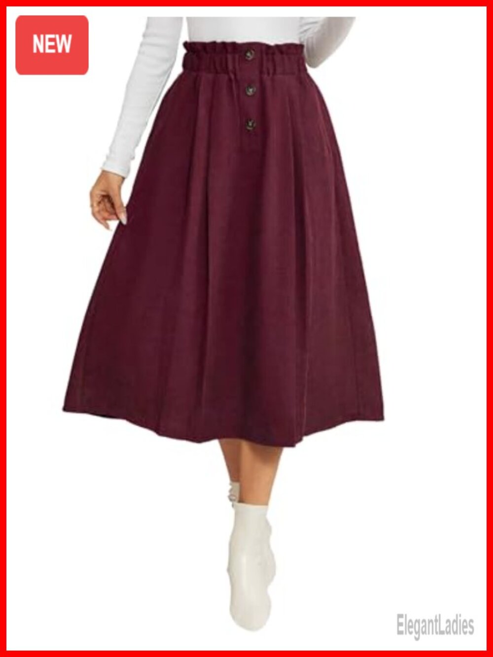Corduroy Pleated Midi Skirt High Waisted A-Line Pull On Pockets